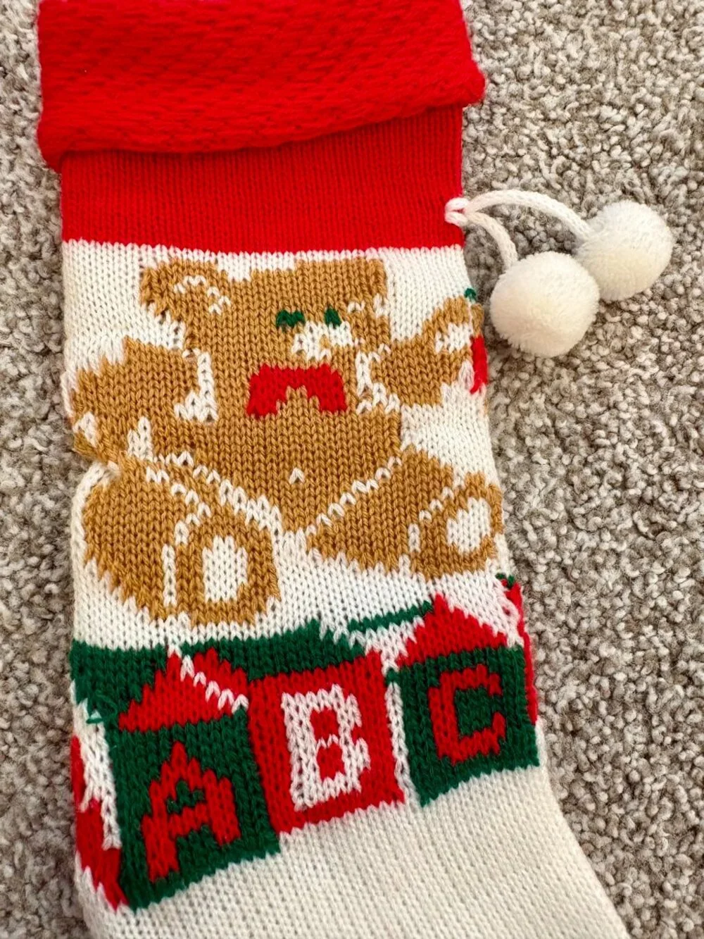 Christmas Stocking Vintage Knit Teddy Bear ABC Blocks 13